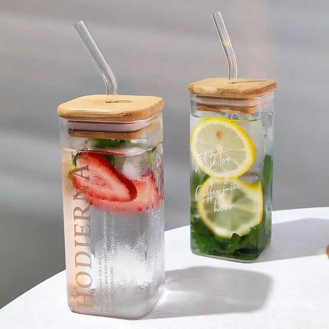 Sipper Glass Mug with Wooden lid and Straw Set 320ML