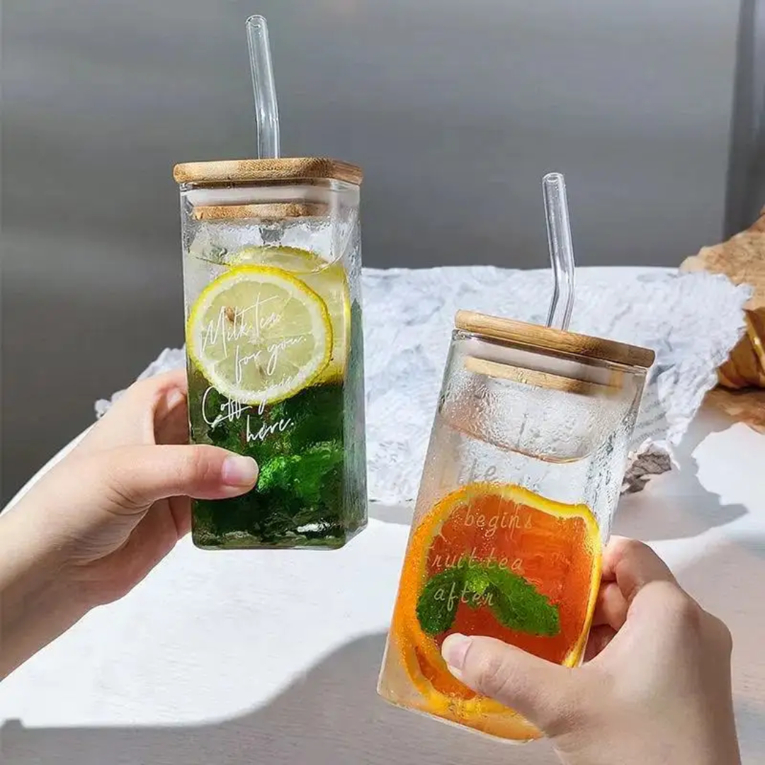 Sipper Glass Mug with Wooden lid and Straw Set 320ML
