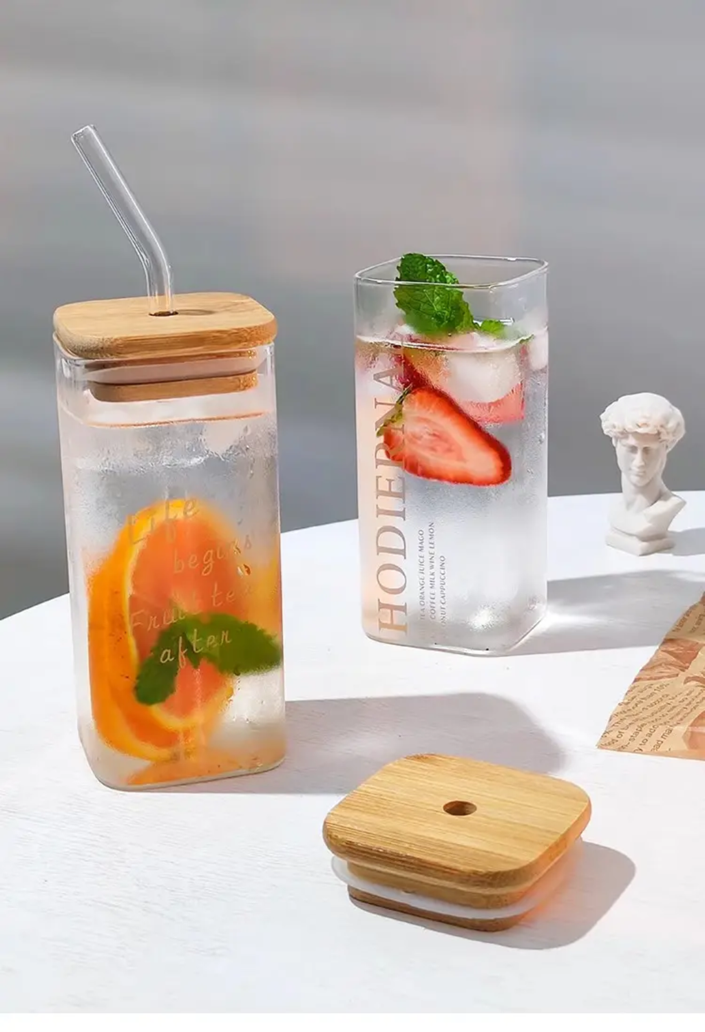 Sipper Glass Mug with Wooden lid and Straw Set 320ML