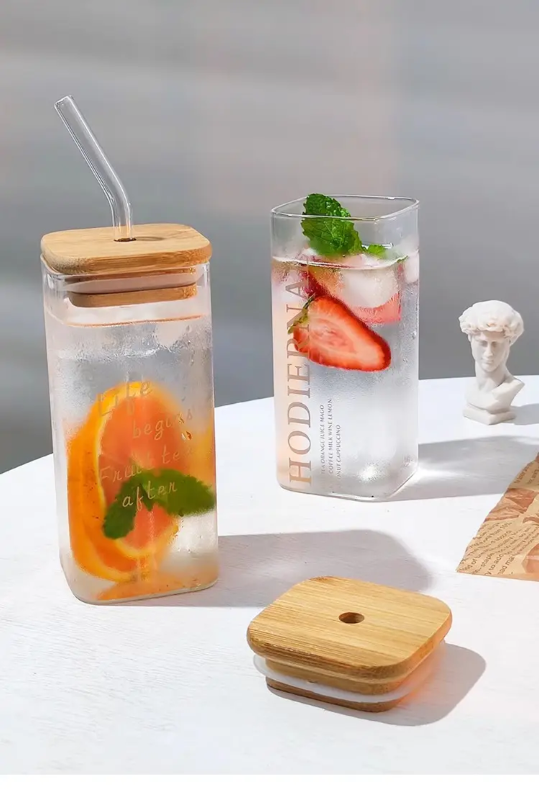 Sipper Glass Mug with Wooden lid and Straw Set 320ML