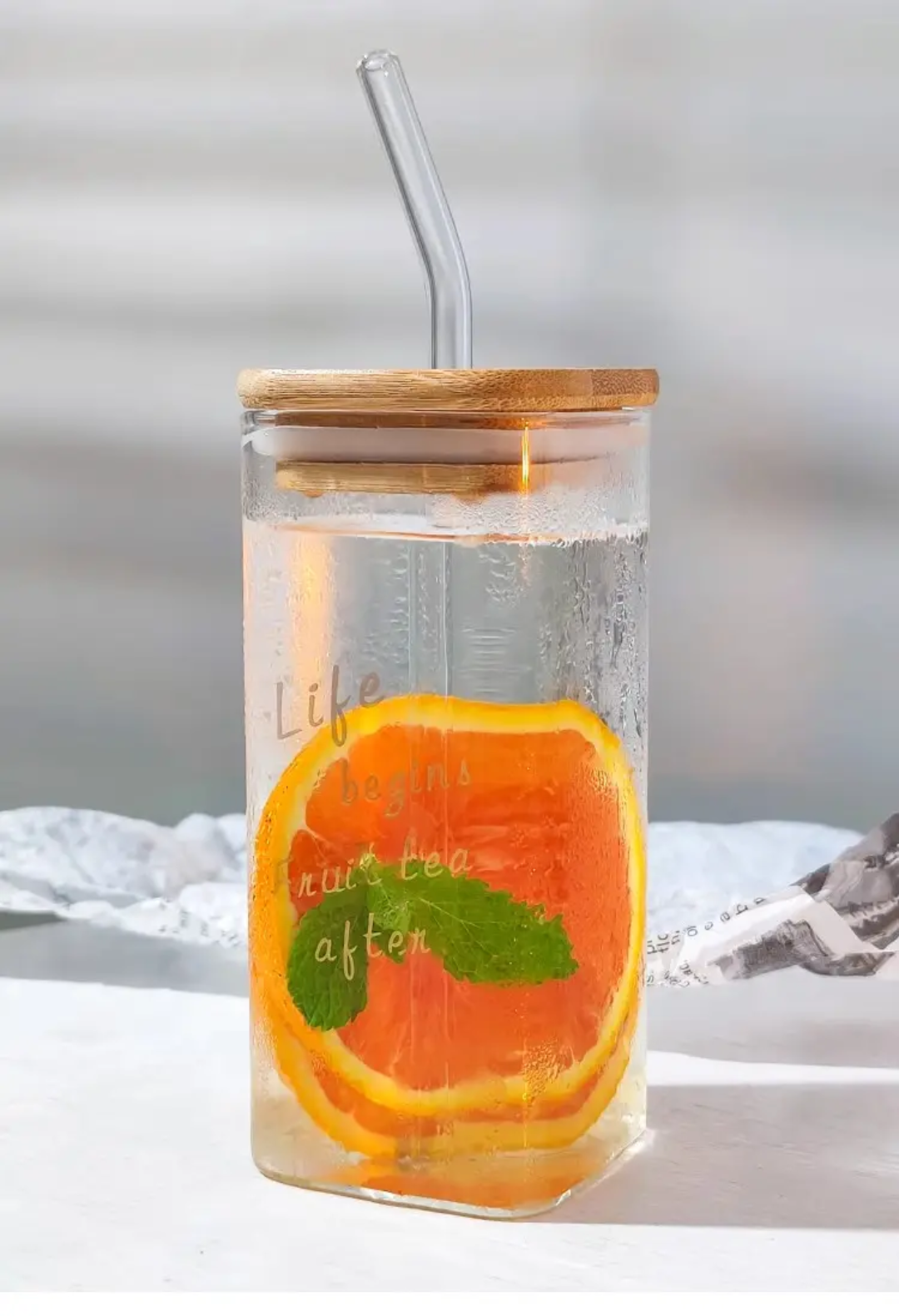 Sipper Glass Mug with Wooden lid and Straw Set 320ML