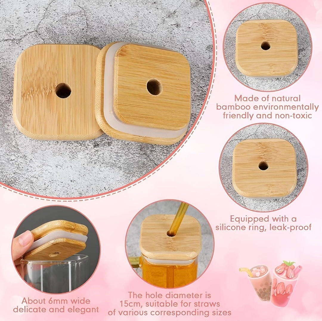 Sipper Glass Mug with Wooden lid and Straw Set 320ML